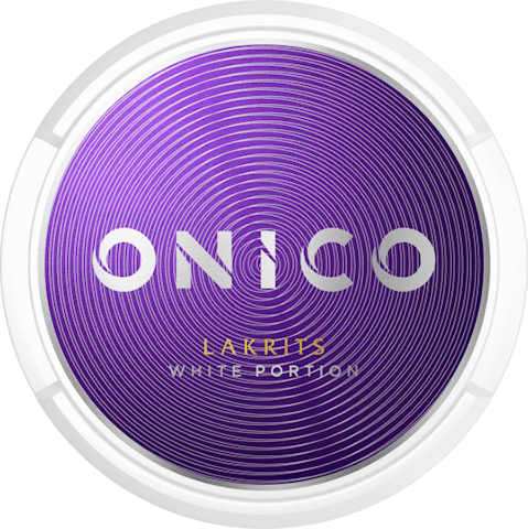 Onico Lakrits Nicotine-Free Pouches in the white circular tin with a black/grey label, showing the authentic licorice flavor.