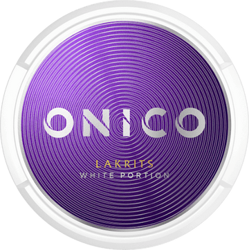Onico Lakrits Nicotine-Free Pouches in the white circular tin with a black/grey label, showing the authentic licorice flavor.