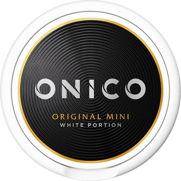 Onico Original Mini Nicotine-Free Pouches in the white circular tin with a dark label, showing the classic original flavor and Mini size.
