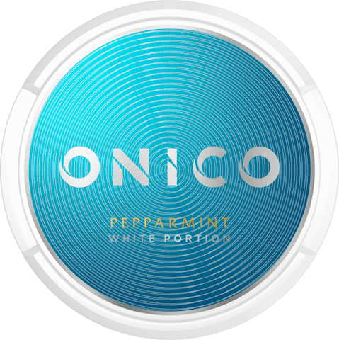 Onico Pepparmint Nicotine-Free Pouches in the white circular tin with a blue/mint green label, showing the classic peppermint flavor.