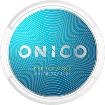 Onico Pepparmint Nicotine-Free Pouches in the white circular tin with a blue/mint green label, showing the classic peppermint flavor.