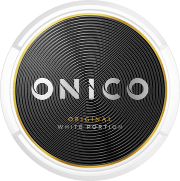Onico Original Nicotine-Free Pouches in the white circular tin with a dark label, showing the classic original flavor in a normal size format.
