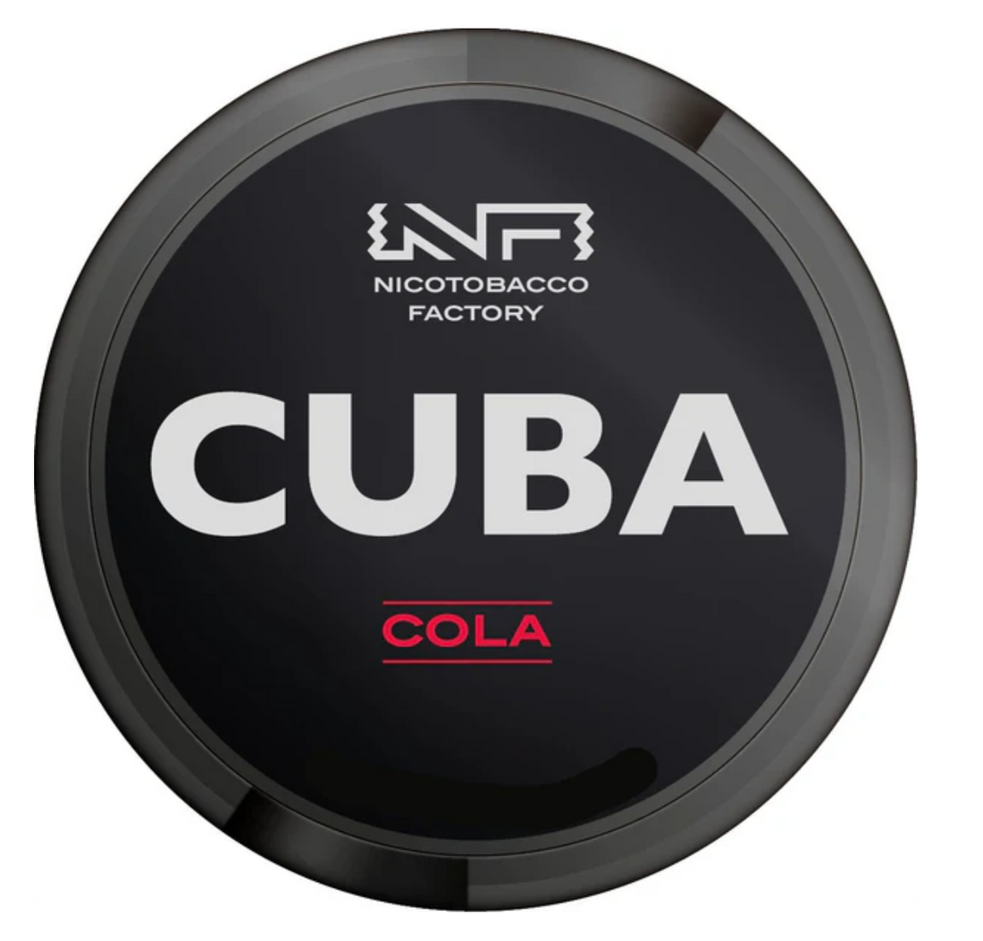 CUBA COLA nicotine pouches can. Black packaging with white and red branding from the Nicotobacco Factory.
