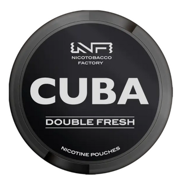 Cuba Black Double Fresh All-White Nicotine Pouches in the black and bright blue circular can, clearly showing the extreme 43mg/g strength label.
