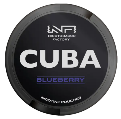 Cuba Black Blueberry All-White Nicotine Pouches in the black and deep purple circular can, clearly showing the extreme 43mg/g strength label.