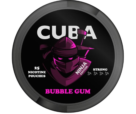 Cuba Ninja Bubble Gum All-White Nicotine Pouches in the black and pink/light red circular can, showing the strong 30mg/g strength label.