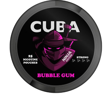 Cuba Ninja Bubble Gum All-White Nicotine Pouches in the black and pink/light red circular can, showing the strong 30mg/g strength label.