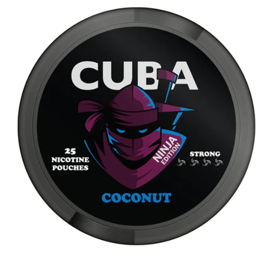 Cuba Ninja Coconut All-White Nicotine Pouches in the black and brown/tan circular can, showing the strong 30mg/g strength label.