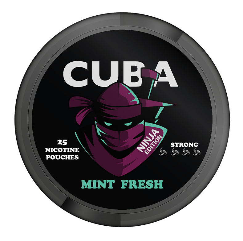 Cuba Ninja Mint Fresh All-White Nicotine Pouches in the black and mint green circular can, clearly showing the strong 30mg/g strength label.