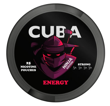 Cuba Ninja Energy All-White Nicotine Pouches in the black and vibrant yellow/gold circular can, clearly showing the strong 30mg/g strength label.