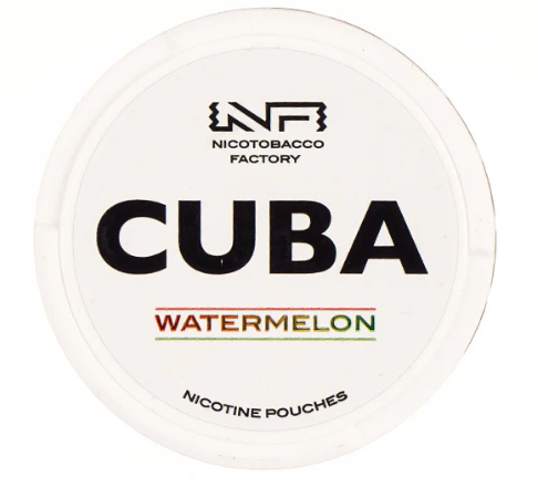 Cuba White Watermelon All-White Nicotine Pouches in the white and light green circular can, clearly showing the 16mg/g strength label.
