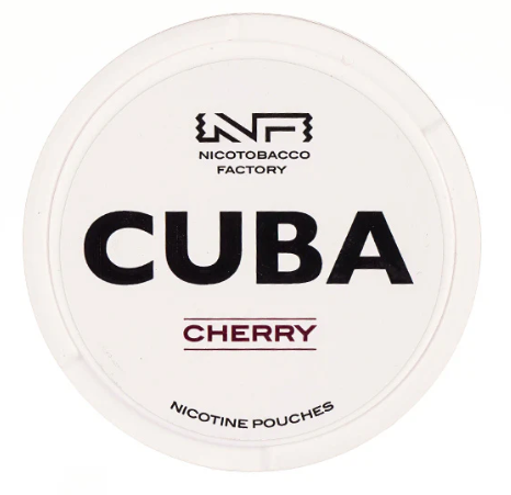 Cuba White Cherry All-White Nicotine Pouches in the white and red circular can, clearly showing the 16mg/g strength label.