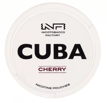Cuba White Cherry All-White Nicotine Pouches in the white and red circular can, clearly showing the 16mg/g strength label.