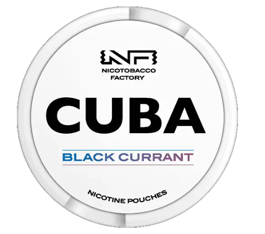 Cuba White Black Currant All-White Nicotine Pouches in the white and deep purple circular can, clearly showing the 16mg/g strength label.