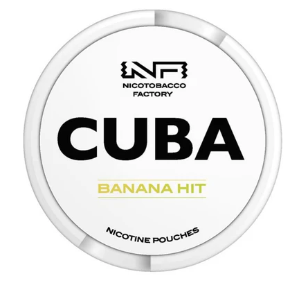 Cuba White Banana Hit All-White Nicotine Pouches in the white and yellow circular can, clearly showing the 16mg/g strength label.