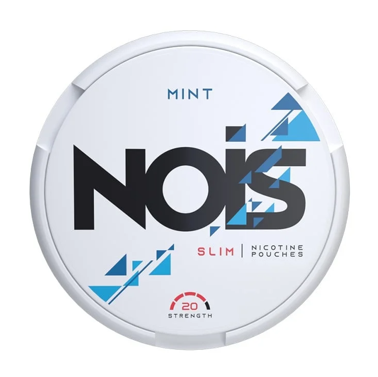Nois Peppermint All-White Nicotine Pouches in the black circular tin with a blue/mint green label, clearly showing the 16mg/g strength.