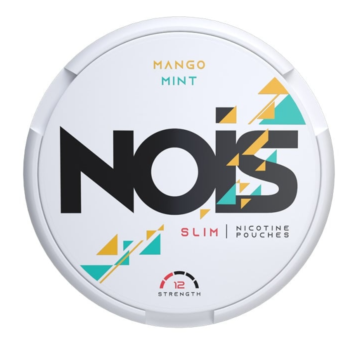 Nois Ice Mango Light All-White Nicotine Pouches in the black circular tin with a light orange/yellow label, clearly showing the 8mg/g strength.