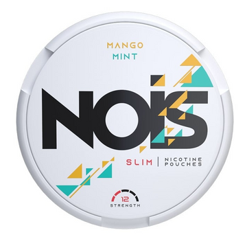 Nois Ice Mango Light All-White Nicotine Pouches in the black circular tin with a light orange/yellow label, clearly showing the 8mg/g strength.
