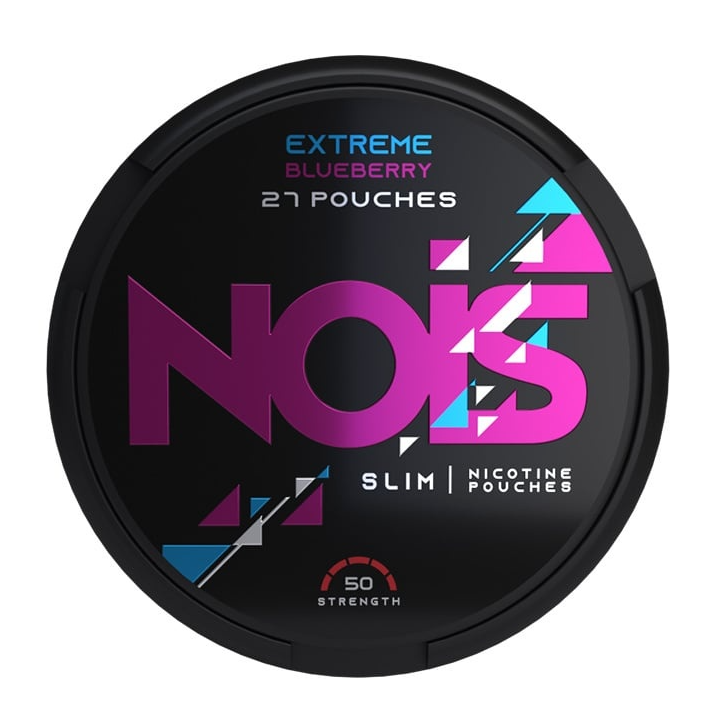 Nois Extreme Blueberry All-White Nicotine Pouches in the black circular tin with a deep purple/blue label, clearly showing the 20mg/g strength.