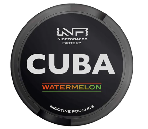 Cuba Black Watermelon All-White Nicotine Pouches in the black and green circular can, showing the extreme 43mg/g strength label.