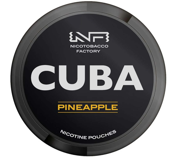 Cuba Black Pineapple All-White Nicotine Pouches in the black and yellow circular can, clearly showing the extreme 43mg/g strength label.