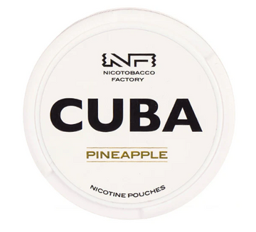 Cuba White Pineapple All-White Nicotine Pouches in the white and yellow circular can, clearly showing the 16mg/g strength label.
