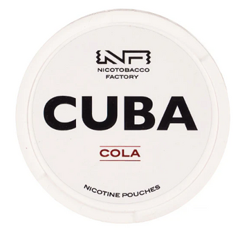 Cuba White Cola All-White Nicotine Pouches in the white and brown/red circular can, clearly showing the 16mg/g strength label.