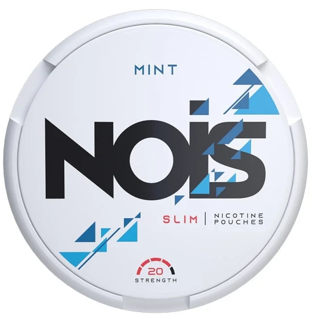Nois Cool Mint All-White Nicotine Pouches in the black circular tin with an icy blue label, clearly showing the 16mg/g strength.