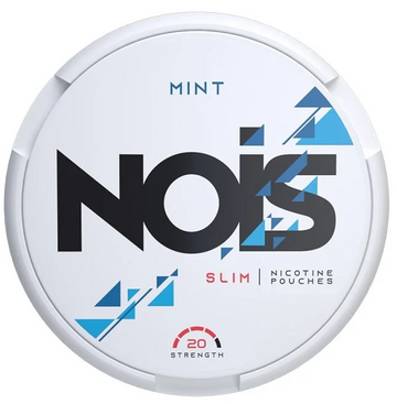Nois Cool Mint All-White Nicotine Pouches in the black circular tin with an icy blue label, clearly showing the 16mg/g strength.