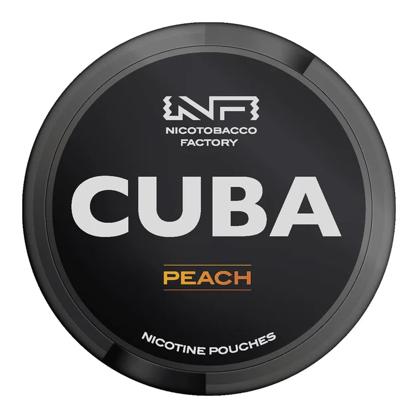 Cuba Black Peach All-White Nicotine Pouches in the black and orange/peach circular can, showing the extreme 43mg/g strength label.