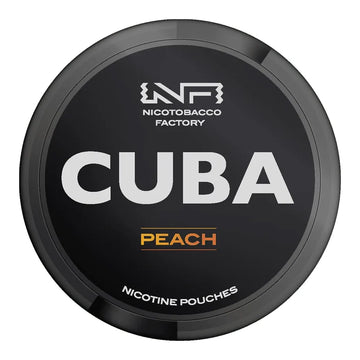 Cuba Black Peach All-White Nicotine Pouches in the black and orange/peach circular can, showing the extreme 43mg/g strength label.