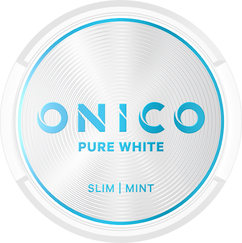 Onico Pure White Nicotine-Free Pouches in the white circular tin with a clean blue and white label, featuring Peppermint and Eucalyptus flavour.