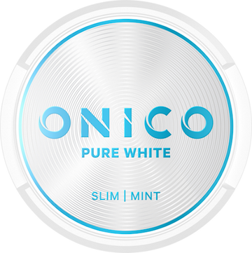 Onico Pure White Nicotine-Free Pouches in the white circular tin with a clean blue and white label, featuring Peppermint and Eucalyptus flavour.